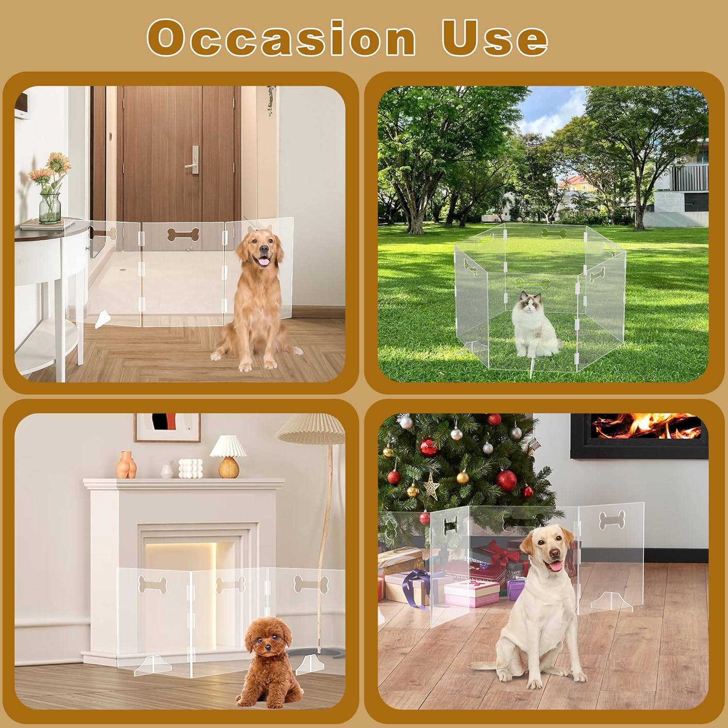 Clear Acrylic Dog Gate, 6 Panel 120 W x 24 H, Transparent Freestanding Pet Playpen Indoor, Foldable Pet Fence Barrier for Doorway with Handle/Support Feet